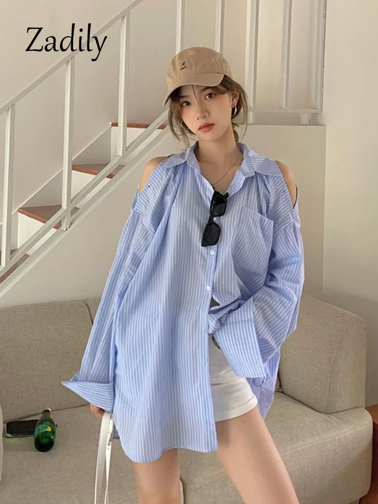 znbbw 2023 Summer Long Sleeve Women Striped Shirt Korea Style Off The Shoulder Button Loose Ladies Blouse Casual Clothing Tops
