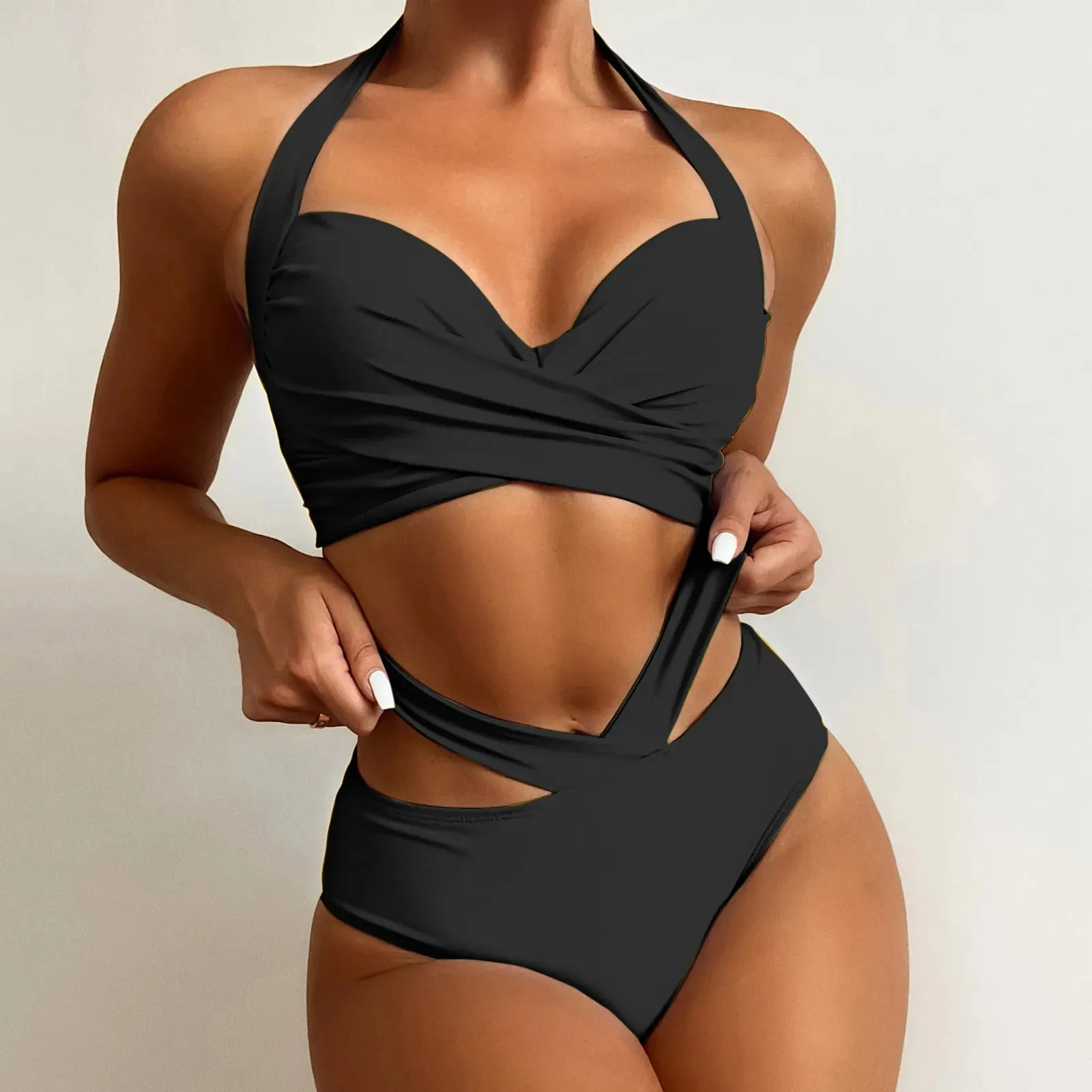 Znbbw Yellow Ruched Women's Swimsuit Summer Elegant Push Up Bra High Waist Swiming Suits Ladies Hollow Out Bandage Swimwear - Image 9
