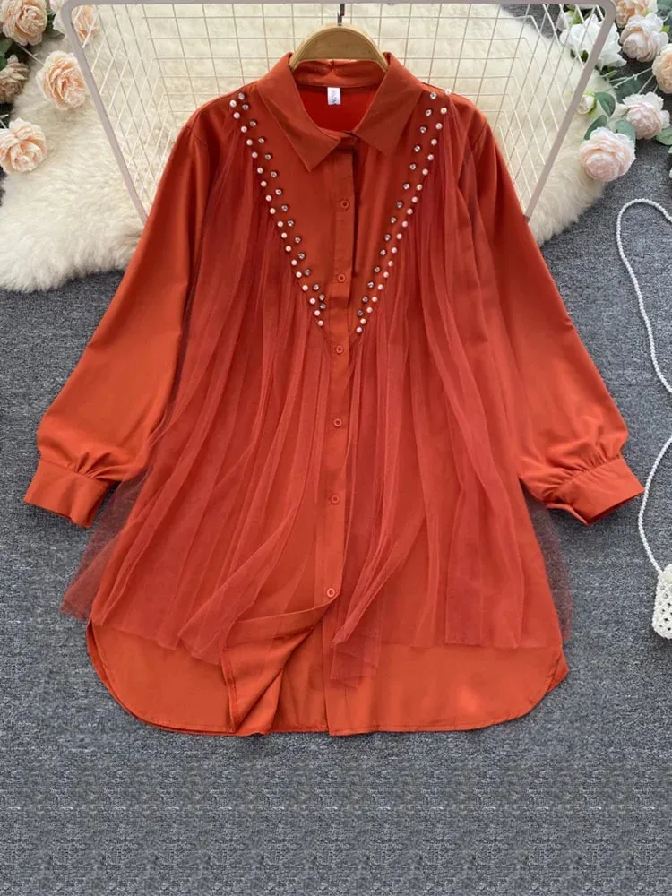 Znbbw Autumn High-end Mesh Gauze Studded Beads POLO Collar Dress Female Cold Wind White Temperament Shirt Top Women Blouse D1489 - Image 5