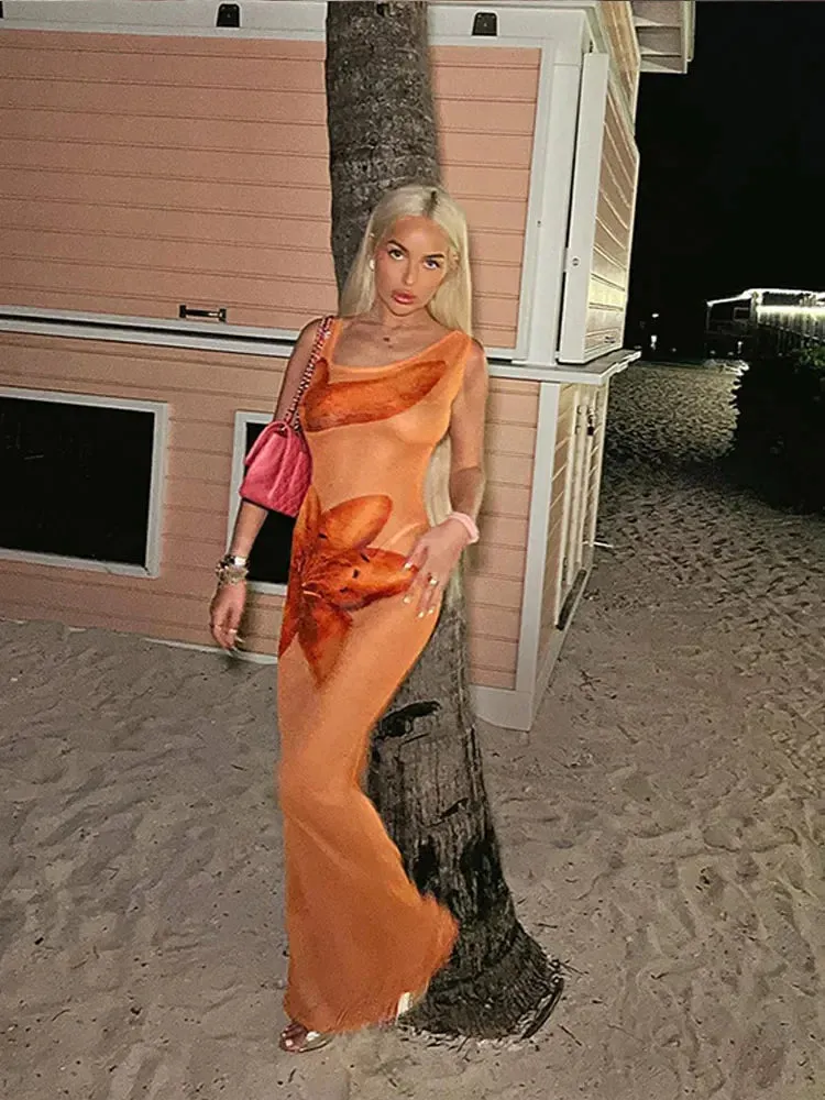 Znbbw Printed See Through Sleeveless Dress Women Fashion Diagonal Collar Long Robes 2024 Summer Female Beach Holiday Dresses - Image 6