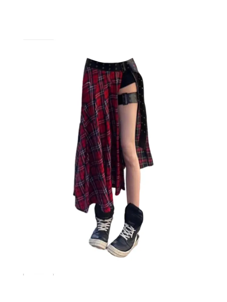 Znbbw Women's Red Plaid A-Line Skirts Y2k Harajuku Korean Long Skirts Vintage Streetwear Aesthetic Skirt 2000s Oversize Clothes Summer - Image 2