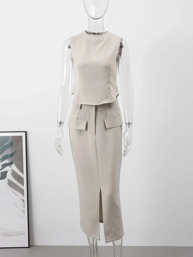 Znbbw 2 Piece Sets Women Outfit 2024 Spring Summer Chic Solid Slim O-neck Top High Waist Pocket Split Skirts Lady Skirt Set - Image 6