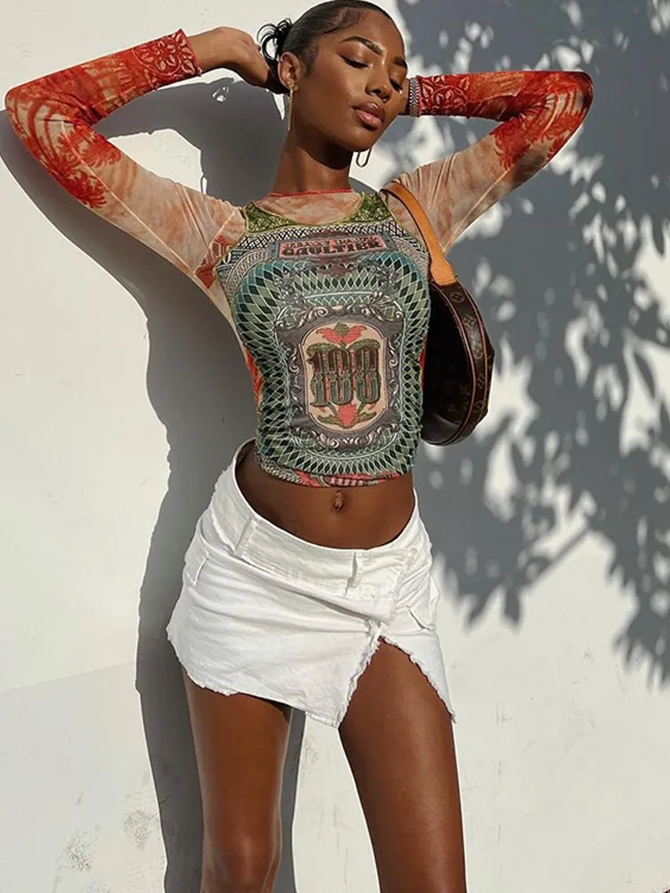 znbbw 2023 Aesthetic Print Women T Shirts Long Sleeve O Neck Y2K Summer Mesh See Through Crop Tops Sexy Skinny Casual Tee Punk 0410 - Image 3
