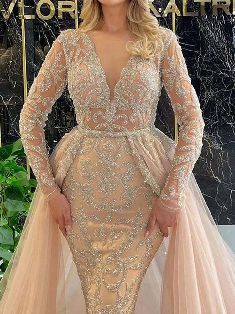 Znbbw Women Mermaid Deep V Neck Long Sleeve Gowns Lady Lace Hollow Out Simple Long-sleeved Dress 2023 Fashion Champagne Gold Robe - Image 3