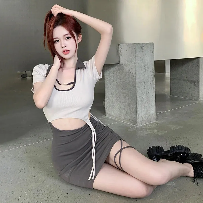 Znbbw Women's Bodycon Dress Contrast Color Slim Sexy Hollow out American Retro Short Sleeves Dress - Image 5