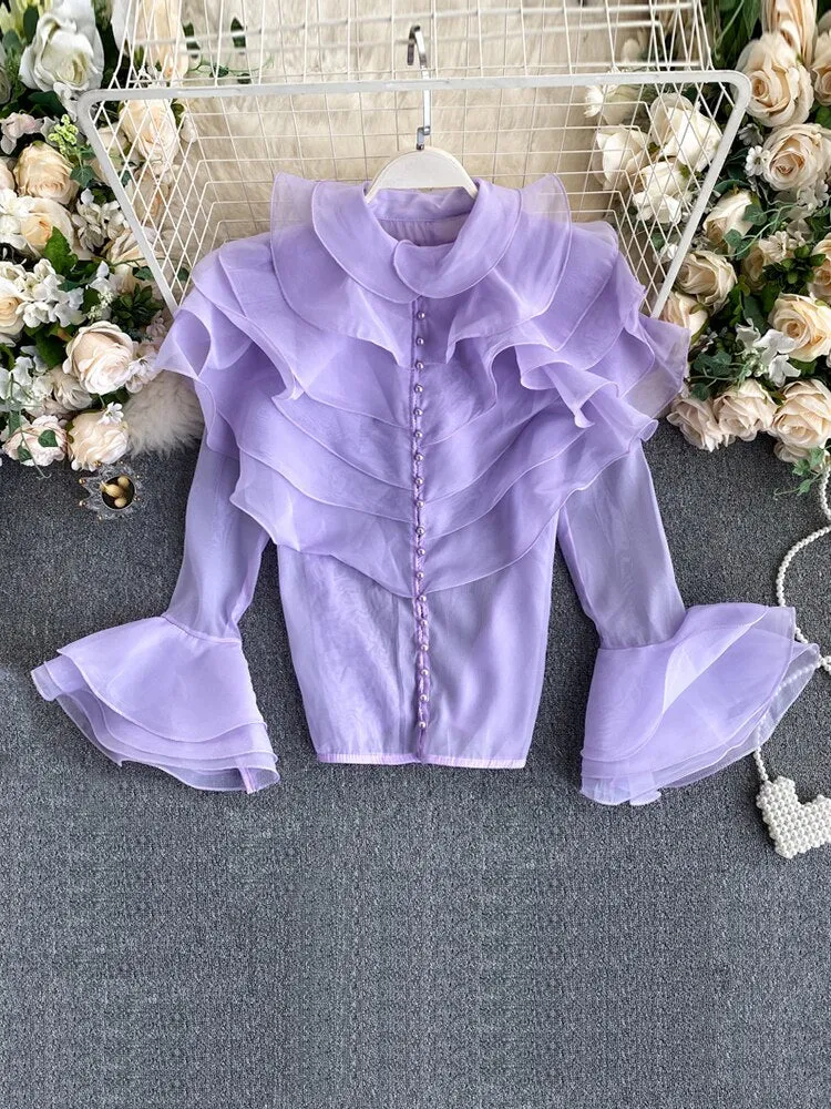 Znbbw Women's Spring Autumn Shirt Sexy Multi-layered Ruffles Blouse O-Neck Buttons Slim Fit Flare Sleeve Top Female Blusa GX1053 - Image 2