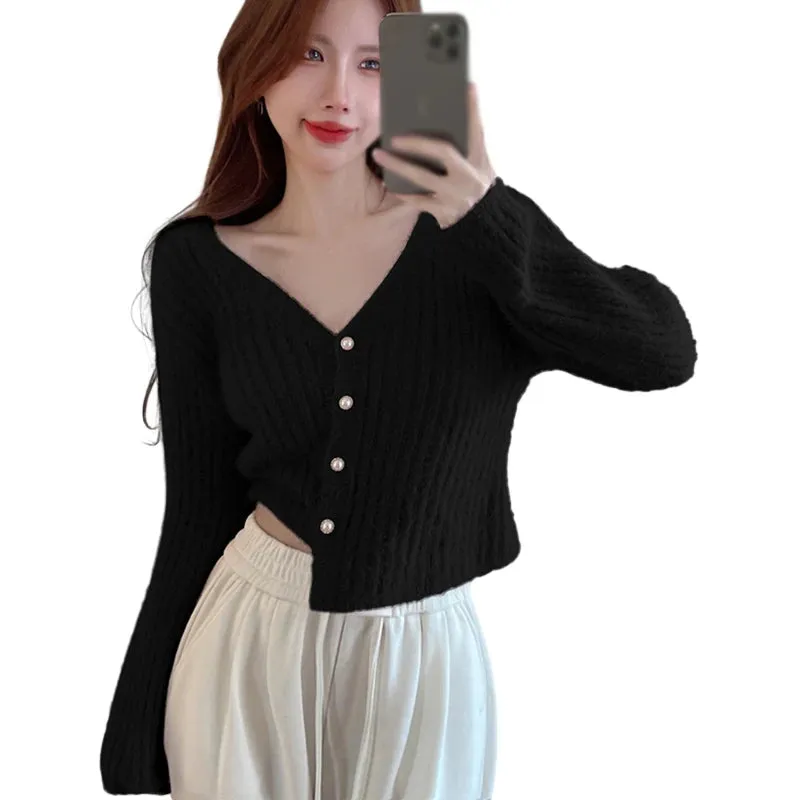 Znbbw Women's Sweater V-neck Temperament Short Style Solid Color Knitted Pearl Buckle Women's Top Sweater - Image 9