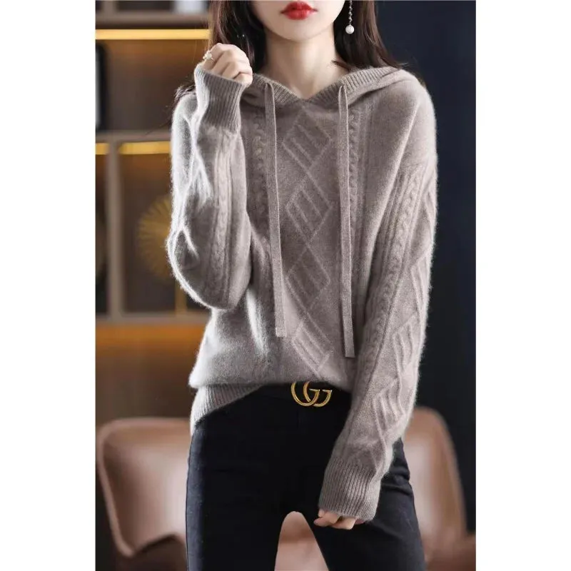 Znbbw autumn and winter 2024 hooded knitwear fried dough twist sweater long sleeve women loose pullover knitting sweater - Image 4