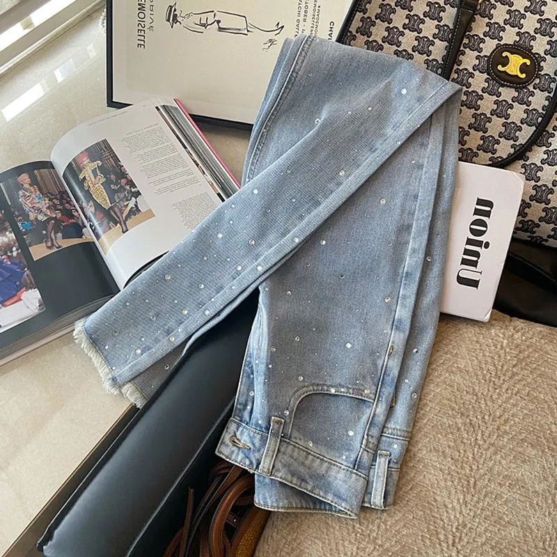 znbbw Women Summer Wide Leg Denim Pants Blue High Waist Diamonds Straight Loose Trouser High Street Fashion Jeans Mujer Harajuku Tide - Image 4