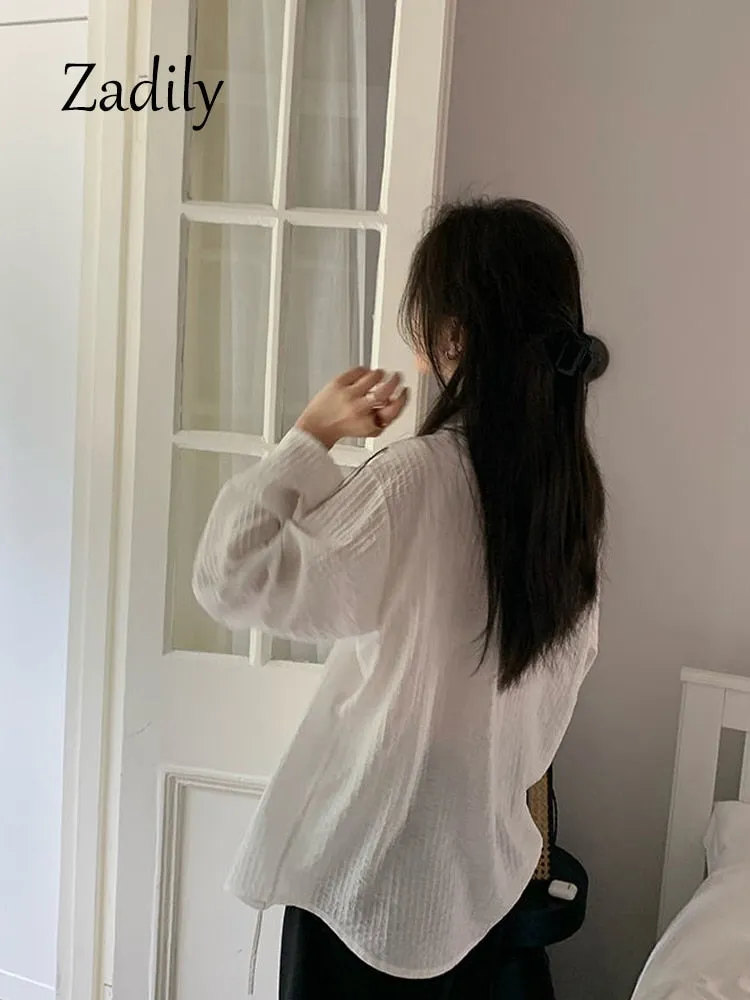 znbbw 2023 Summer Minimalist Long Sleeve Women White Shirt Oversize Button Up Striped Woman Tunic Blouse Female Clothing Top - Image 4