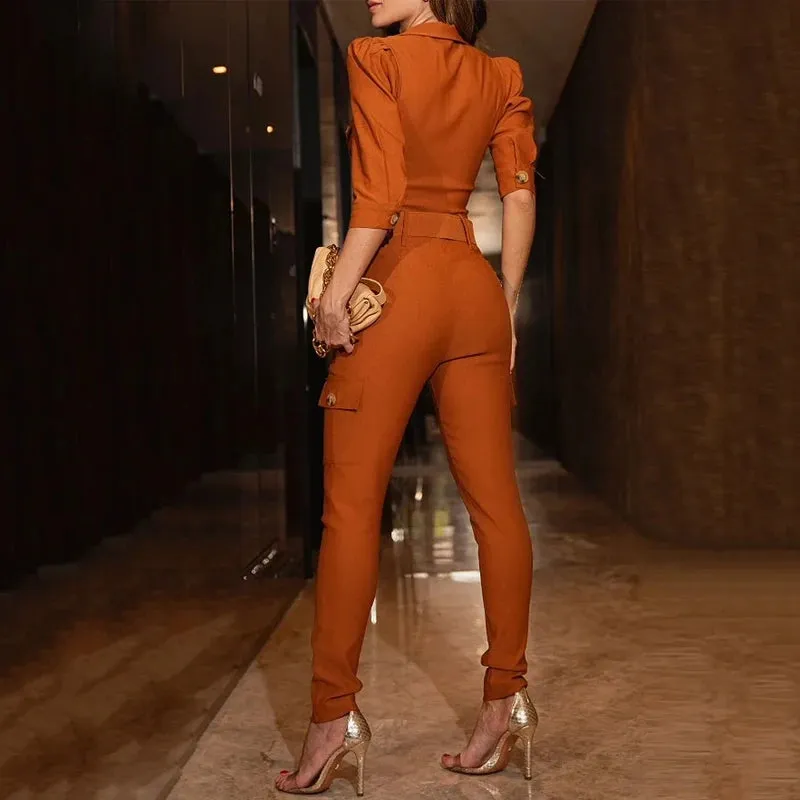 Znbbw Women Jumpsuit Autumn Office Lapel Half Sleeve Romper Solid Color Bodycon Overalls High Streetwear With Belt&Pocket - Image 2