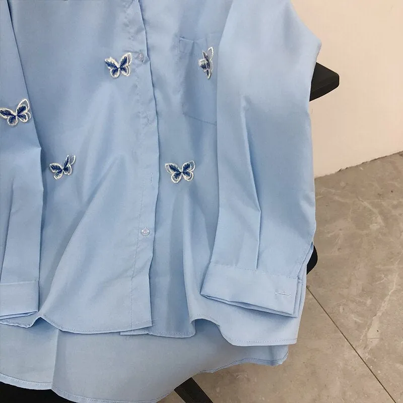 Znbbw Women Shirts Long Sleeve Butterfly Embroidered Blouses Spring Lapel Temperament Solid Female Blusas Basic Outwear Top - Image 3