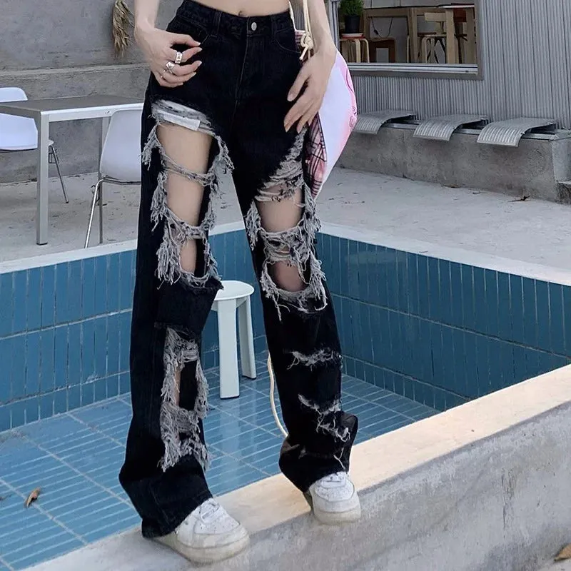 Znbbw Y2k Washed Mopping Pants Broken Hole Jeans All-Match Distressed Women High Street Hip Hop High Waist Straight Loose Trousers - Image 7