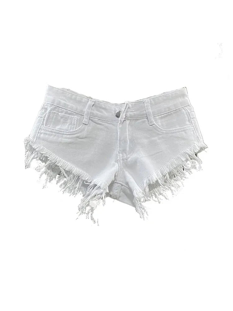 Znbbw Women's Light Grey Denim Shorts Fashion Streetwear Y2k Harajuku Korean Vintage Low Waist Tassel Shorts Jeans 2000s Clothes 2024 - Image 6