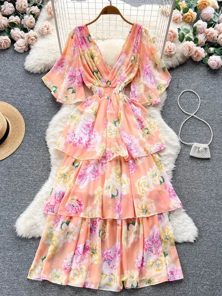 Znbbw Women Summer Dress New Style Gentle Style Short Sleeve V-neck Printed Waist Closing Cake Dress Sweet Fairy Vestidos D2548 - Image 7