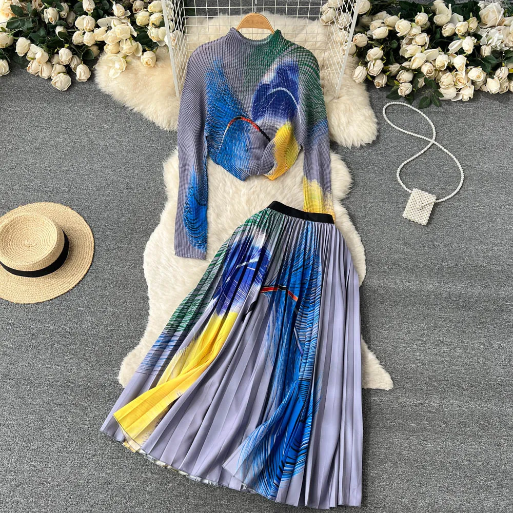 Znbbw Women Vintage Long Sleeve Stretch Printed Tops + High Elastic Waist Pleated Skirt Set Suit Runway 2 Piece Set 2023 Autumn - Image 2