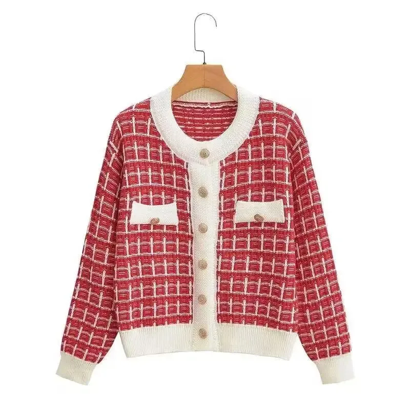 Znbbw Autumn Sweater Women Knitted Cardigan New Year 2024 Spring and Autumn Checker Red Small Fragrant Coat O Neck Sweater