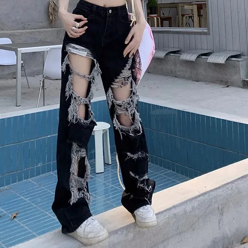 Znbbw Y2k Washed Mopping Pants Broken Hole Jeans All-Match Distressed Women High Street Hip Hop High Waist Straight Loose Trousers - Image 5