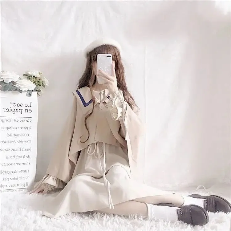 Znbbw 2 Piece Dress Set Women Long Sleeve Crop Tops + Casual Midi Dress 2023 Spring Autumn Slim Lady Japan Korean Suits - Image 3