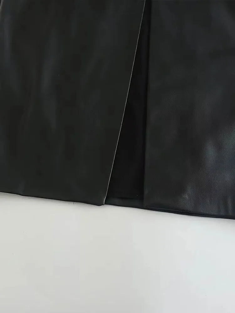 Znbbw 2023 Woman Imitation Leather Pleat Long Dress Slim Backless Sleeveless Vintage Split fork Elegant Dresses - Image 5