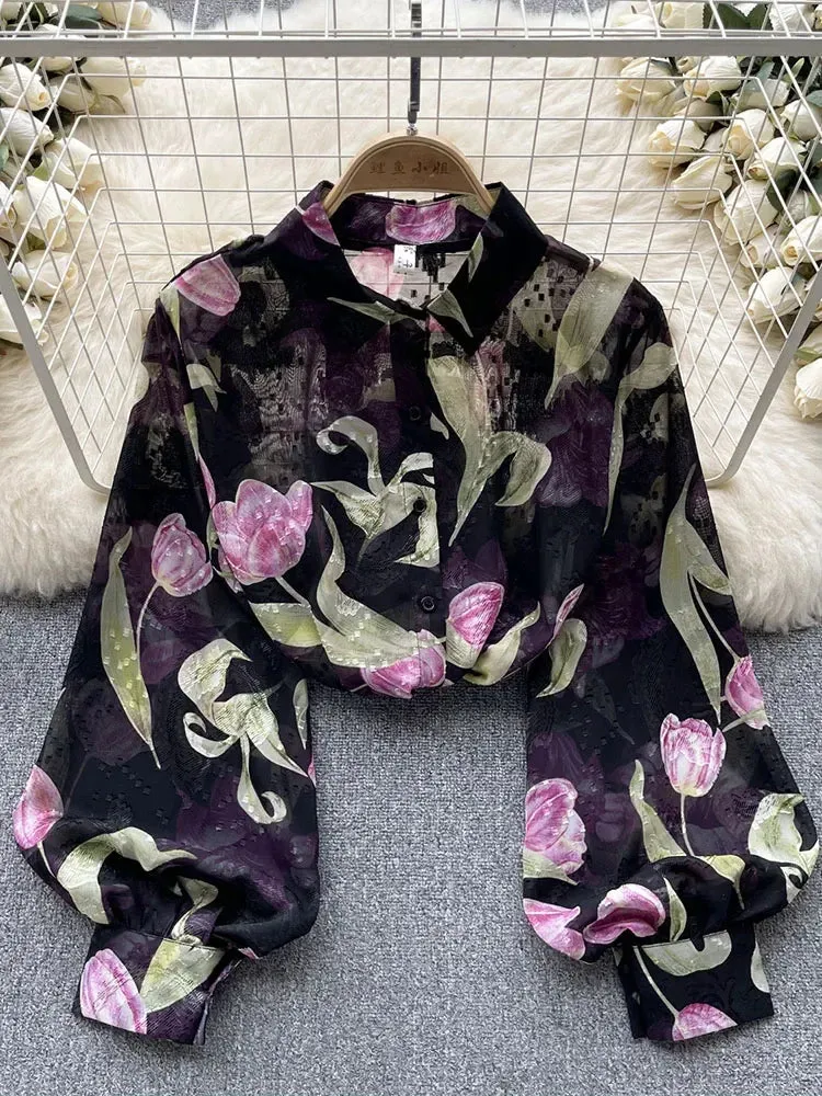 Znbbw Women Spring Shirt Korean Version Temperament High-end Floral Shirt with Bubble Sleeve Design Niche and Unique Top D5053 - Image 11