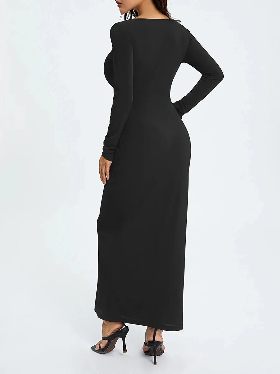 Znbbw Women Long Sleeve Square Neck Sleeve Long Bodycon Dress Knitted Low Cut Pencil Sheath Dress Stretchy Clubwear - Image 2