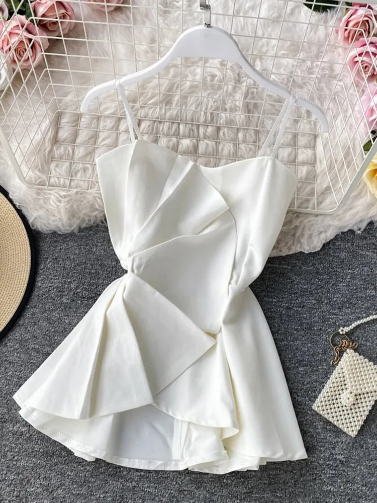 Znbbw Women's Blouse Korean Style Solid Color Ruffled Irregular Sling Shirt New Pleated Waist Sling Suspender Tops LL957 - Image 8