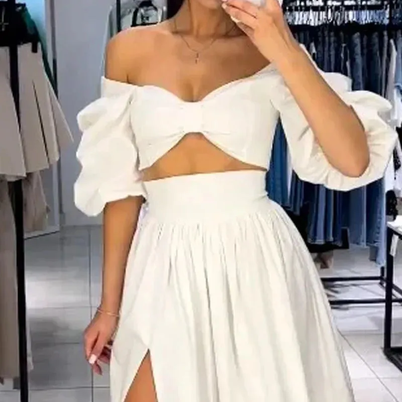 Znbbw Women Two Piece Set Summer Fashion Sexy Solid One Shoulder Top Casual Loose High Waist Pleated Slit Skirt Sets Streetwear - Image 2
