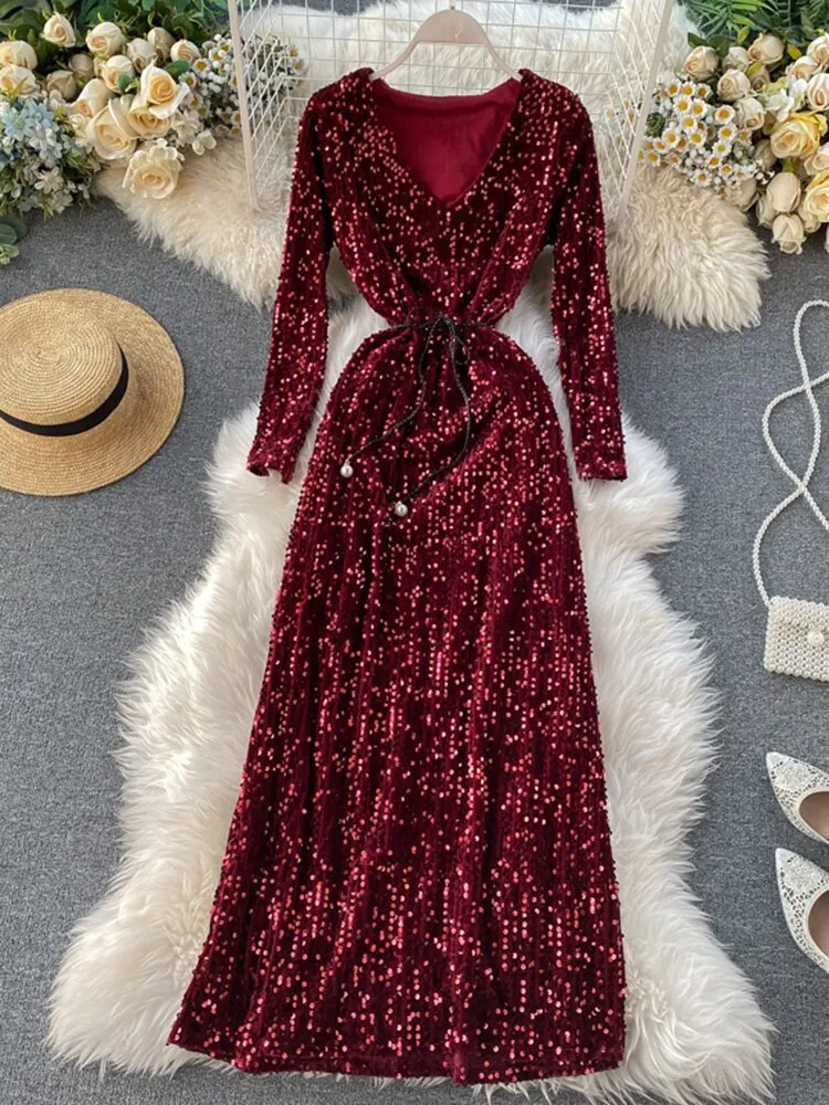 Znbbw Women's Party Dress Long-sleeved Dress New Sequin Temperament Banquet Host Elegant V-neck Waist Lacing Dress Sexy Dress Y454 - Image 3