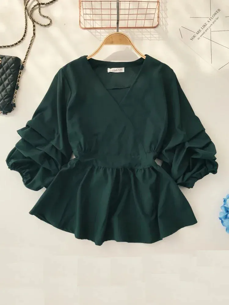 Znbbw Women's Spring Summer Shirt Top New Fashion Shirt V-neck Three Quarter Bow Lacing Waist Pleated Top Shirt Blouse ML831 - Image 10