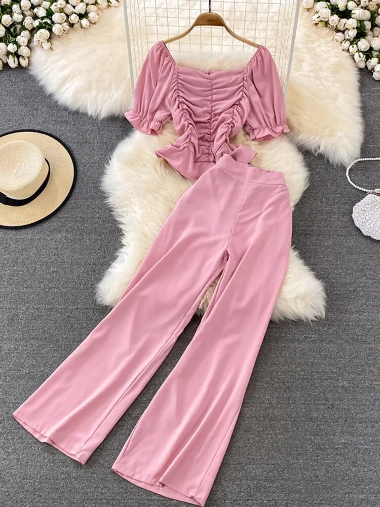 Znbbw Women Summer Fashion Casual Pants, High Waist Drape Wide Leg Pants, Square Collar Short Slim Blouse Two-piece Suit Female D0544 - Image 3