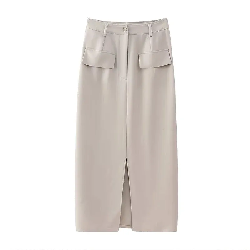 Znbbw 2 Piece Sets Women Outfit 2024 Spring Summer Chic Solid Slim O-neck Top High Waist Pocket Split Skirts Lady Skirt Set - Image 7