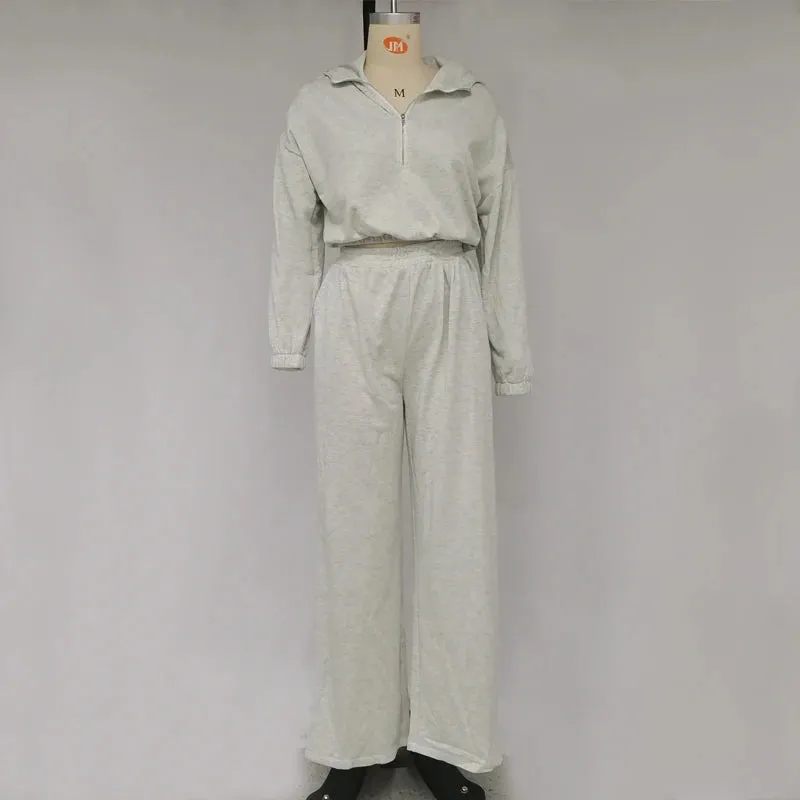 Znbbw 2 Piece Sets Women Outfit Autumn Fashion Casual Solid V Neck Zipper Nipped Waist Hooded Top Loose Pants Sets With Pockets - Image 2