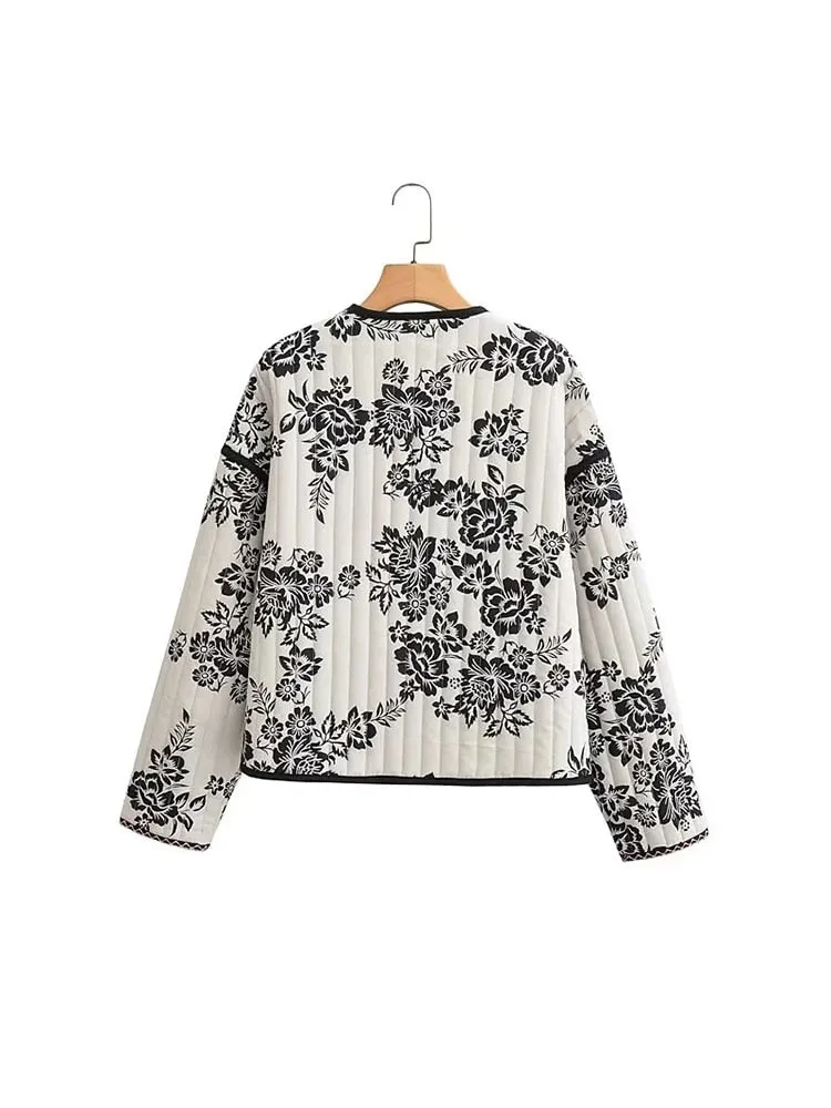 Znbbw 2023 Women Fashion Print Quilted Jacket Women Retro V Neck Tie Winter Warm Padded Jacket Female Chic Reversible Jacket - Image 6