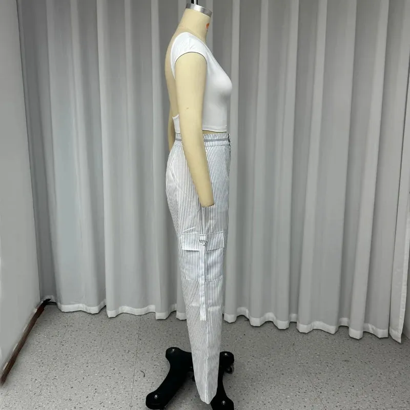 Znbbw Women Two Piece Set Summer Sexy Backless Short Sleeve Solid Top Striped With Pocket Loose Pants Set High Streetwear - Image 5