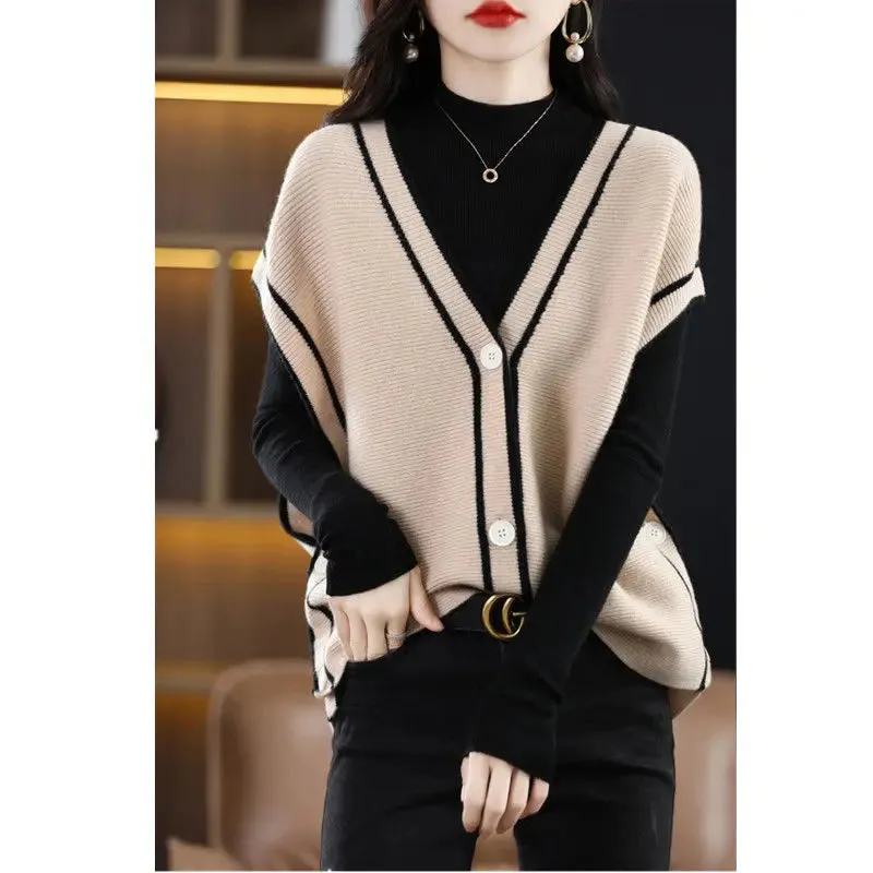 Znbbw and Winter V-neck Knitted Cardigan Vest Women Contrast Color Loose and Versatile Sleeveless Tank Top Sweetheart Vest - Image 6