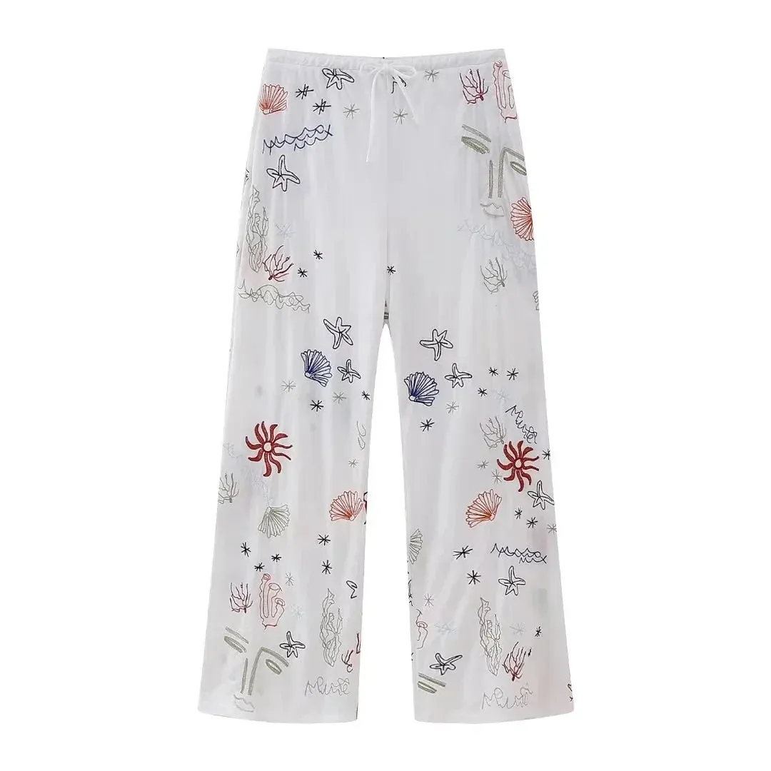 Znbbw Autumn Embroidery Women Cotton Long Pants Drawstring Casual Wide Leg White Trousers 2024 Boho Marine Organism Pants - Image 7