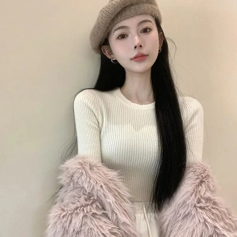 Znbbw Women's Sweater Base Sweater Versatile Round Neck Knit Sweater Slim Fitting Short Top Sweater - Image 3
