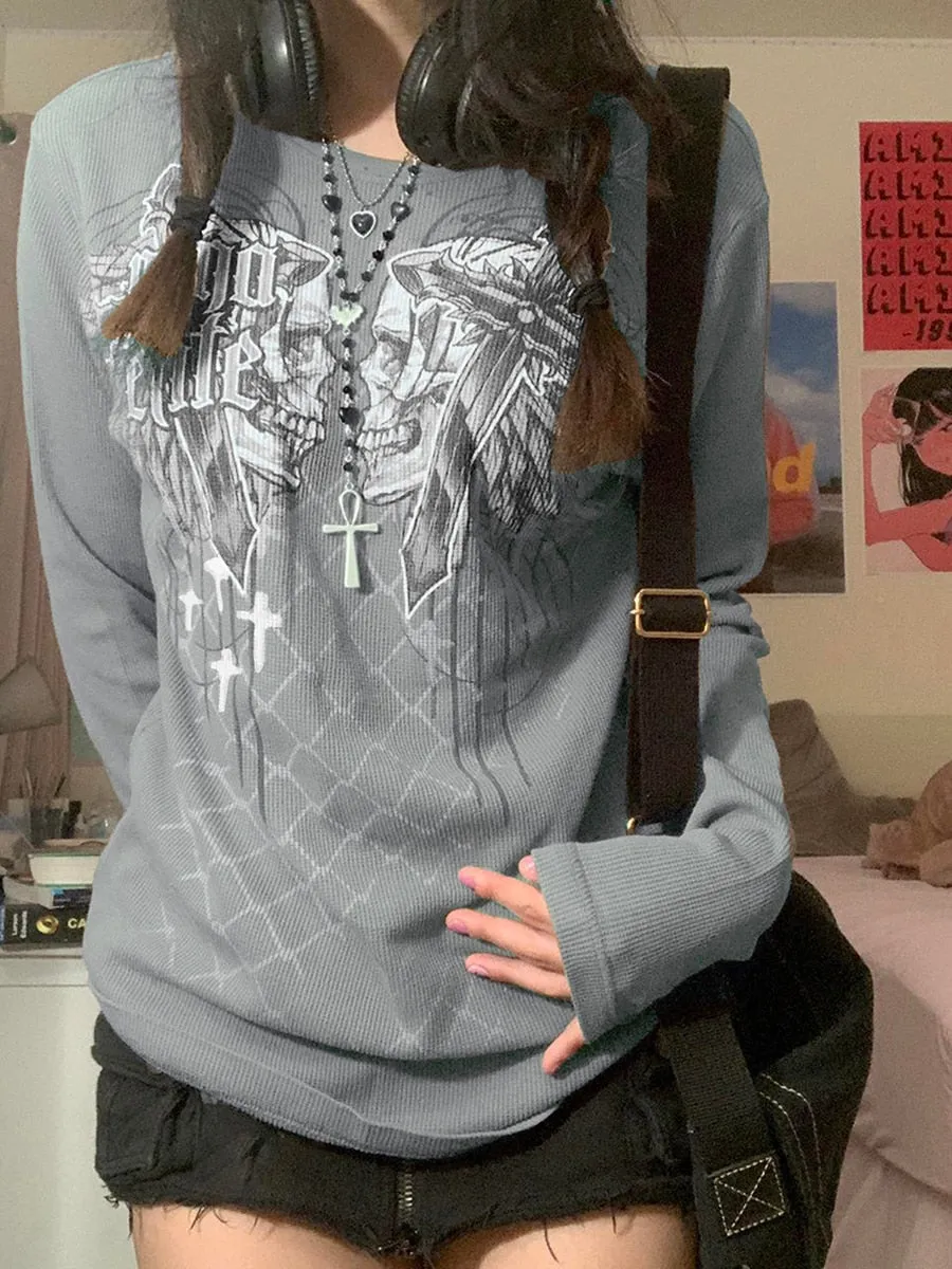 Znbbw Women Retro Skull Plaid Printed Long Sleeve Tshirts Fairycore Grunge Tee Vintage Y2K 2000S Aesthetic Tops Shirts Streetwear - Image 2