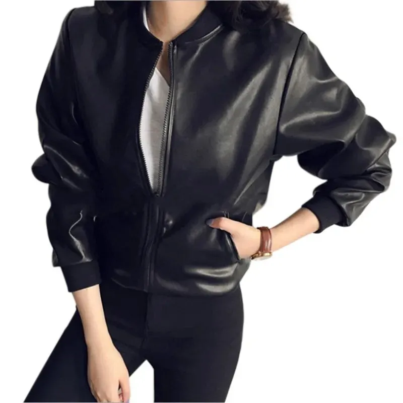 Znbbw Women Korean version slim fit PU short jacket Leather Zipper Slim Biker Jacket