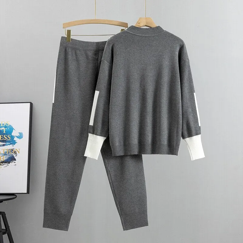 znbbw Autumn Winter 2 Pieces Set Knitted Long Sleeve Pullovers Sweater Casual Patchwork Fashion Women Tops And Pants Suits Spring - Image 5