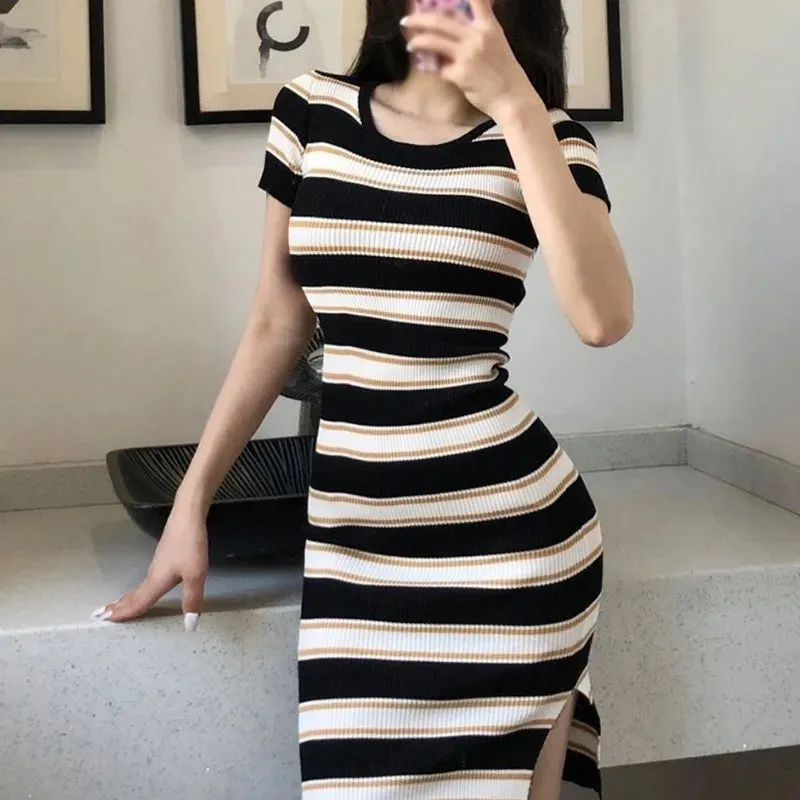 Znbbw Women's Dress  Hip Striped Elegant Short-sleeved  Knit Crew Neck Dress - Image 4