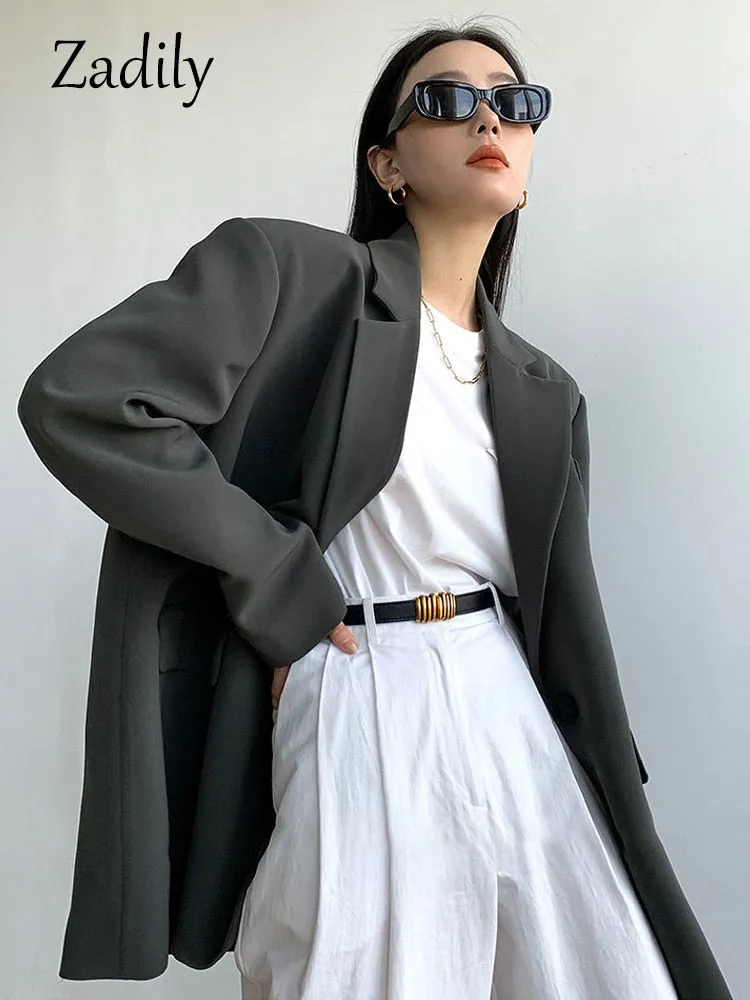 znbbw 2023 Autum Oversize Full Sleeve Gray Women Blazer Office Lady Solid Suit Blazers Work Winter Female Clothing Jackets Coat - Image 4