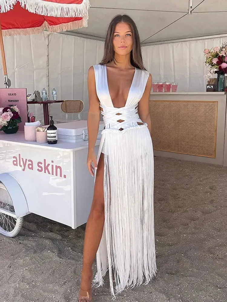 Znbbw Women Tassel Patchwork Hem Backless Long Dress Sexy White Bandage Sleeveless High Waist Dresses 2024 Lady Beach Party Vestidos - Image 3
