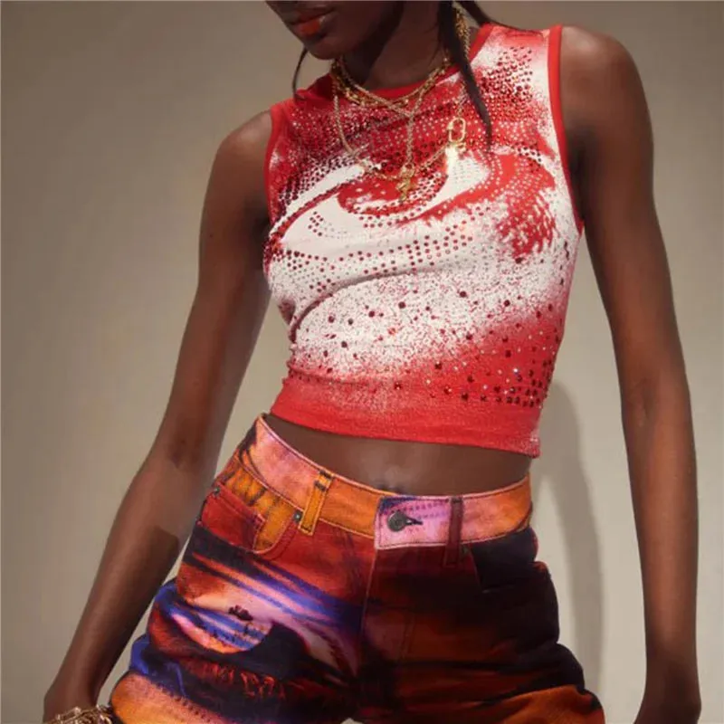 Znbbw Y2k E-girl Gothic Grunge Tank Top Rhinestone Eye Print Aesthetic Dark Academia Sleeveless Round Neck Crop Top Mini Vest - Image 2