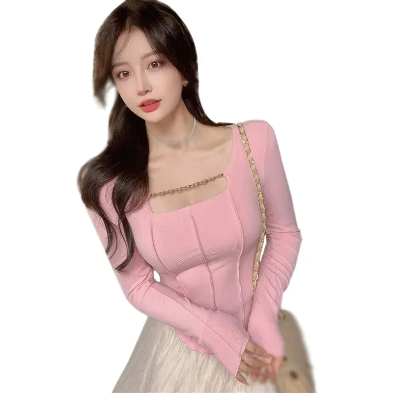 Znbbw Women Solid Color T Shirt Korean Style Solid Color Square Collar for Leisure T Shirt - Image 3