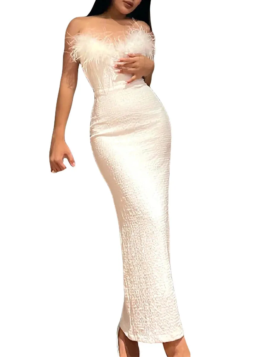 Znbbw and elegant woman dress Summer Solid Color Bodycon Dresses Off Shoulder Plush Split Hem Evening Party Dresses - Image 5