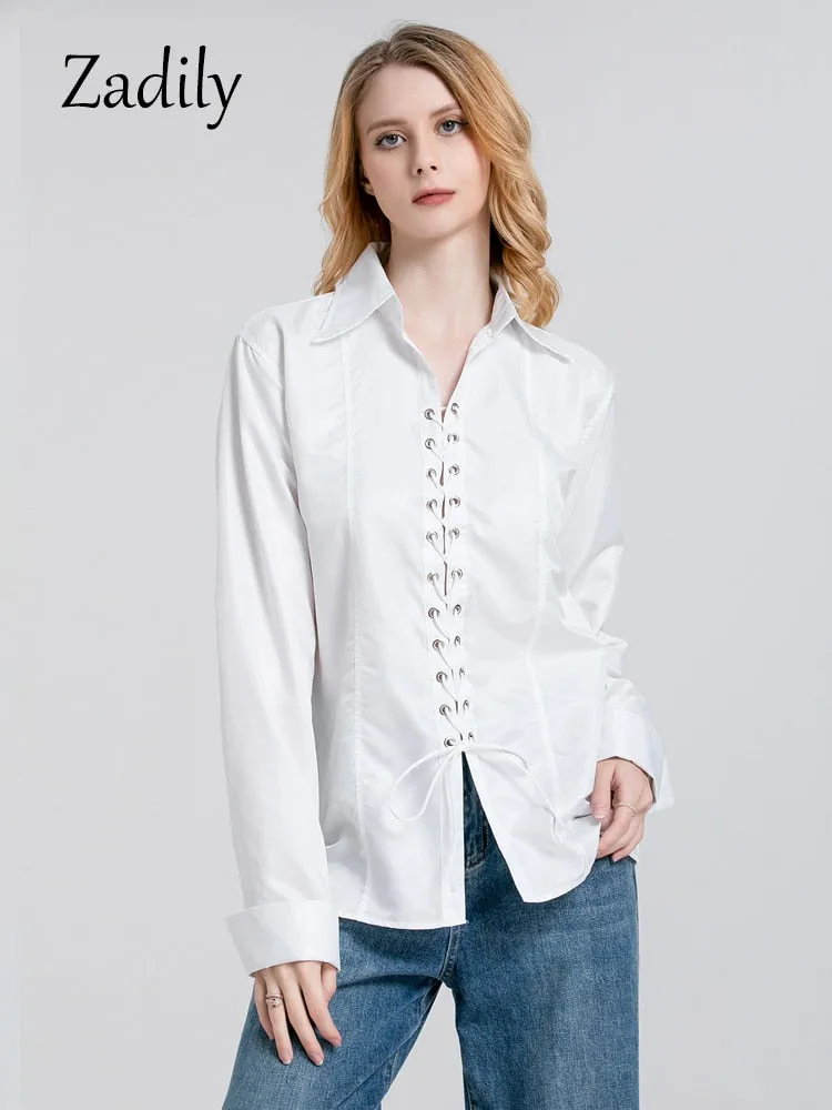 znbbw 2023 Summer Streetwear Long Sleeve Women Oversize White Shirt Corns Hole Bandage Woman Blouse Casual Female Clothing Tops - Image 3