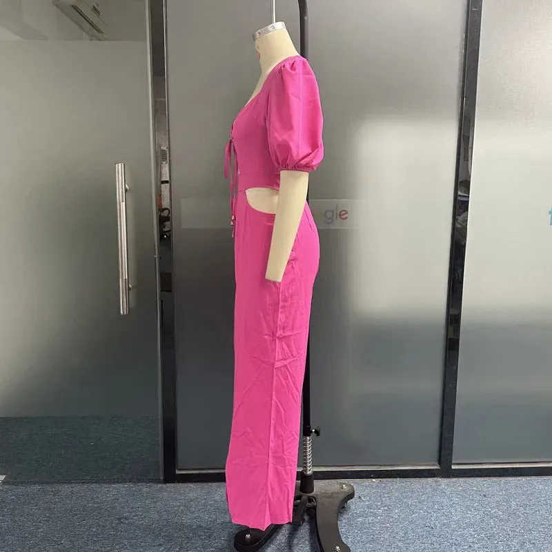 Znbbw Women Jumpsuit Puff Sleeves V Neck Lace Up Nipped Waist Hollow Out Loose Wide Legs Casual Pants Romper High Streetwear - Image 5