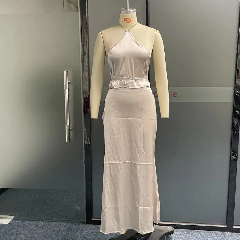 Znbbw Women Two Piece Set Summer Fashion Elegant Solid Sling Sleeveless Top Casual High Waist Lace Up Skirt Sets Streetwear - Image 3